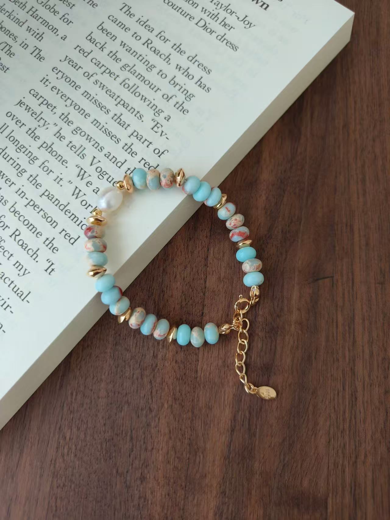 Blue Shoushan Stone & Pearl Bracelet – 18K Gold Vermeil on Sterling Silver | Natural Gemstone Jewelry