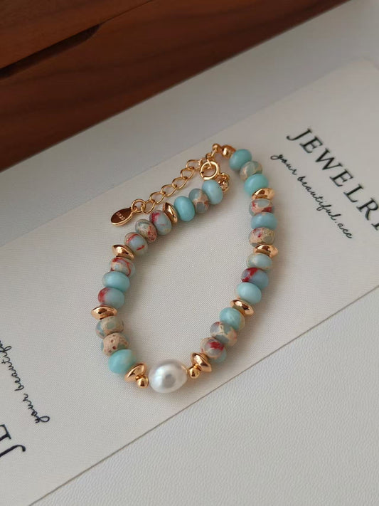 Blue Shoushan Stone & Pearl Bracelet – 18K Gold Vermeil on Sterling Silver | Natural Gemstone Jewelry