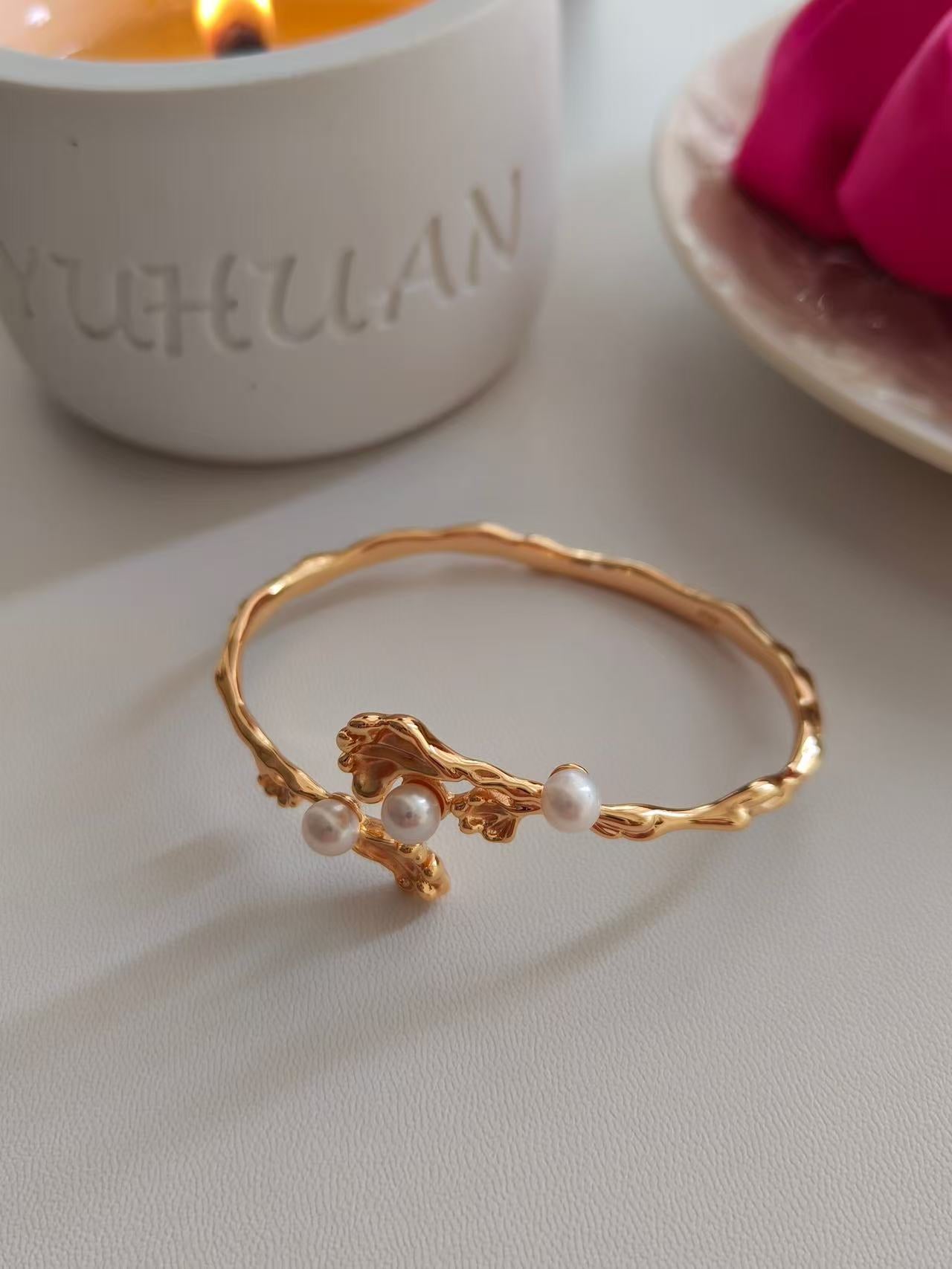 18K Gold-Plated S925 Organic Branch Bangle with Natural Freshwater Pearls