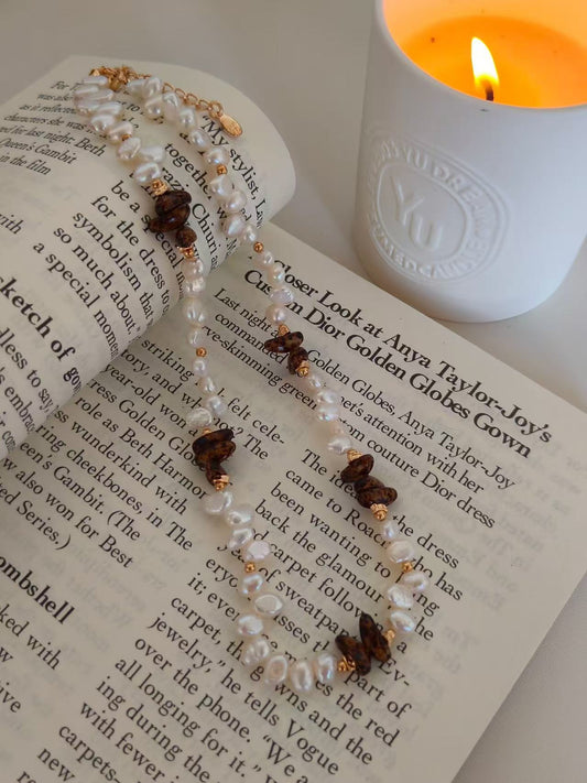 Amber & Pearl Beaded Necklace – 18K Gold Vermeil on Sterling Silver | Czech Glass & Freshwater Pearls