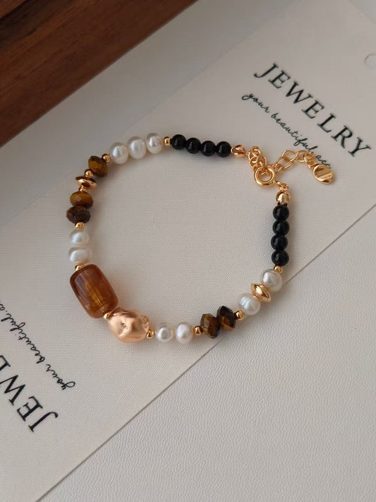 Tiger’s Eye & Pearl Bracelet – 18K Gold Vermeil on Sterling Silver | Natural Gemstone Jewelry