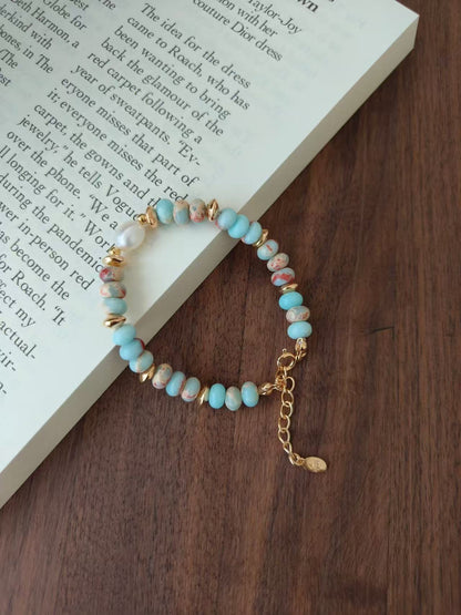 Blue Shoushan Stone & Pearl Bracelet – 18K Gold Vermeil on Sterling Silver | Natural Gemstone Jewelry