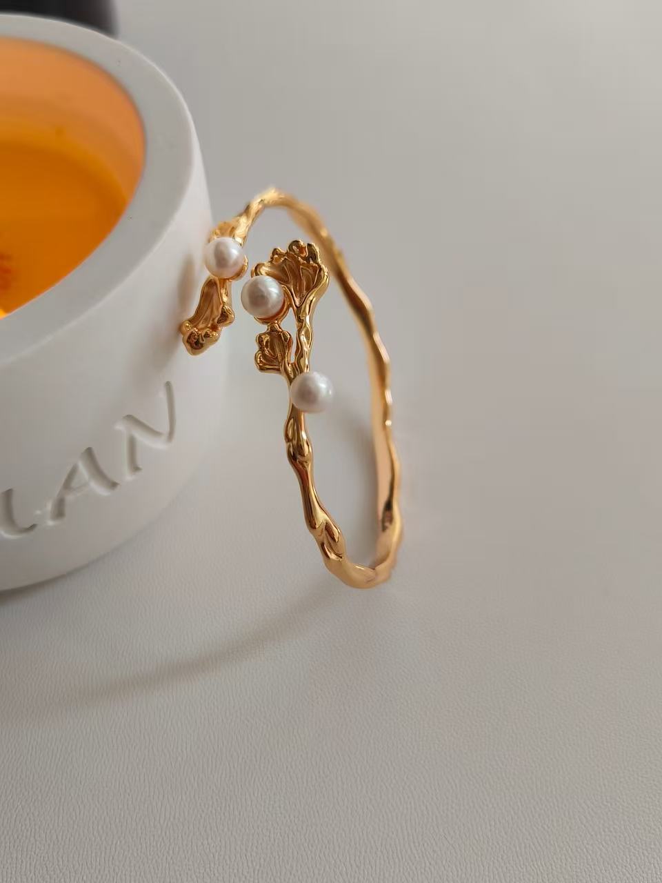 18K Gold-Plated S925 Organic Branch Bangle with Natural Freshwater Pearls