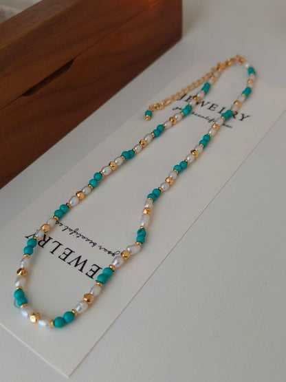 Turquoise & Pearl Necklace – 18K Gold Vermeil on Sterling Silver | Freshwater Pearls