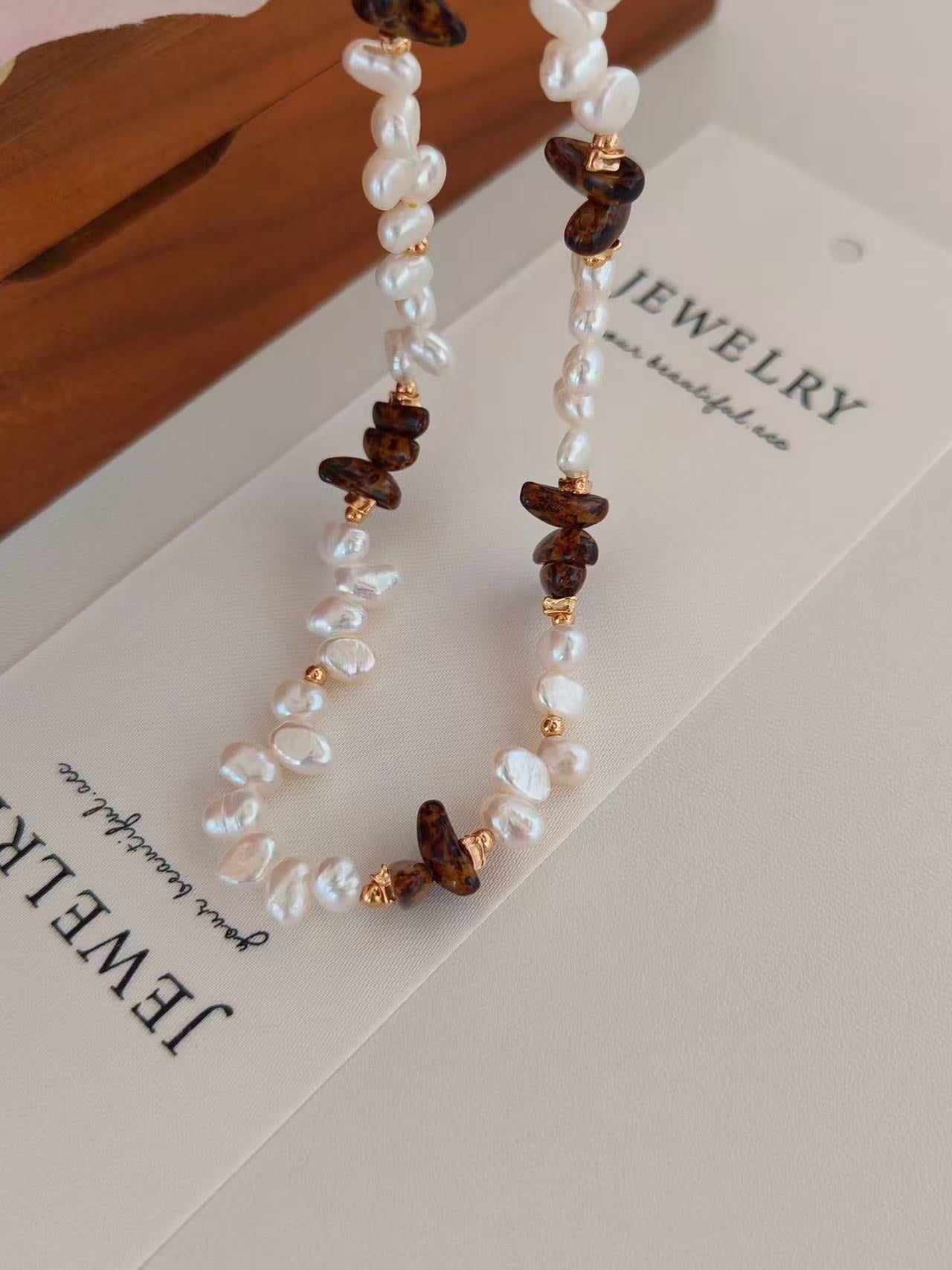 Amber & Pearl Beaded Necklace – 18K Gold Vermeil on Sterling Silver | Czech Glass & Freshwater Pearls