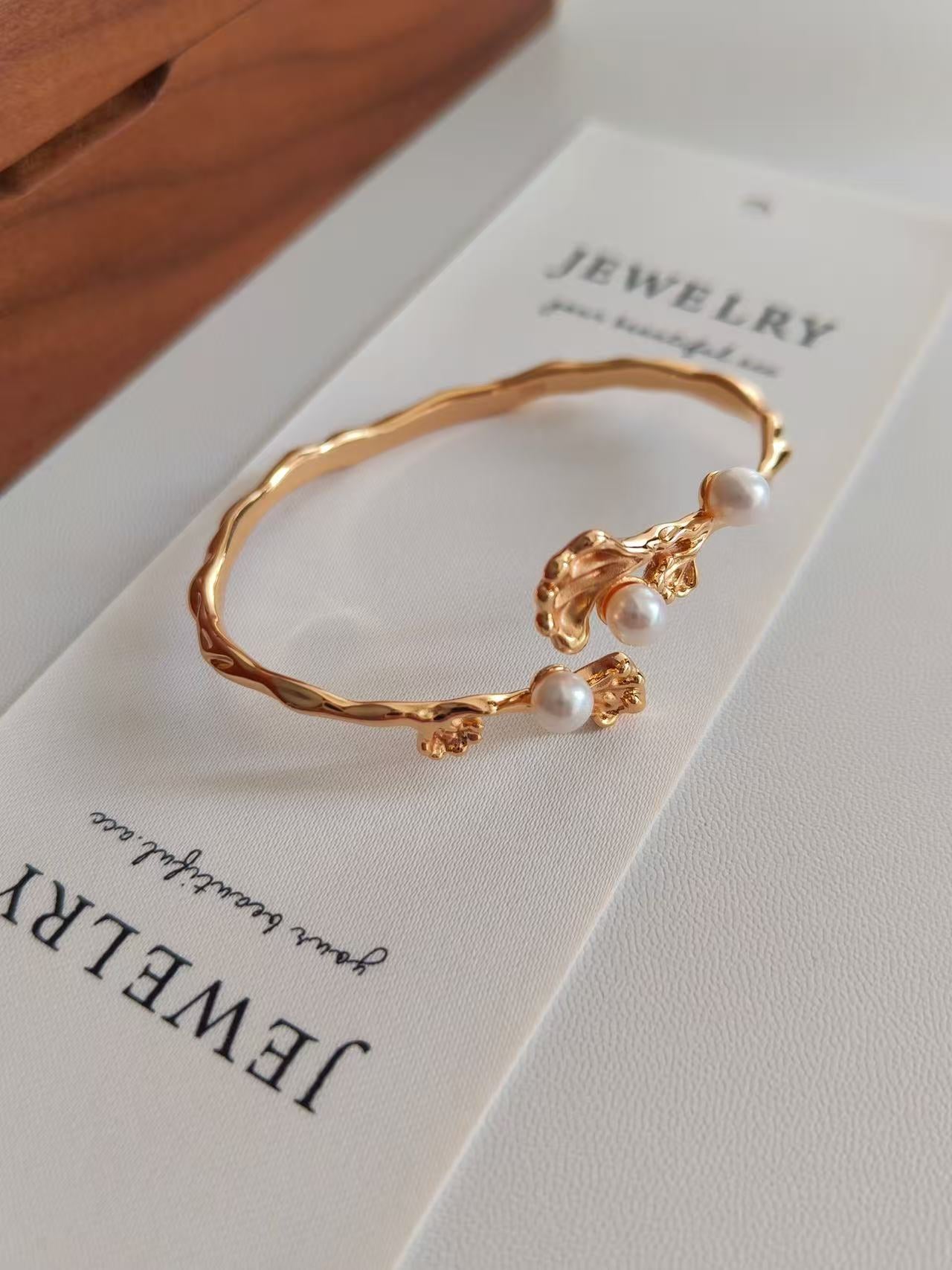 18K Gold-Plated S925 Organic Branch Bangle with Natural Freshwater Pearls