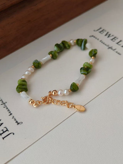Green Resin & Pearl Bracelet – 925 Sterling Silver | Mother-of-Pearl & Freshwater Pearls