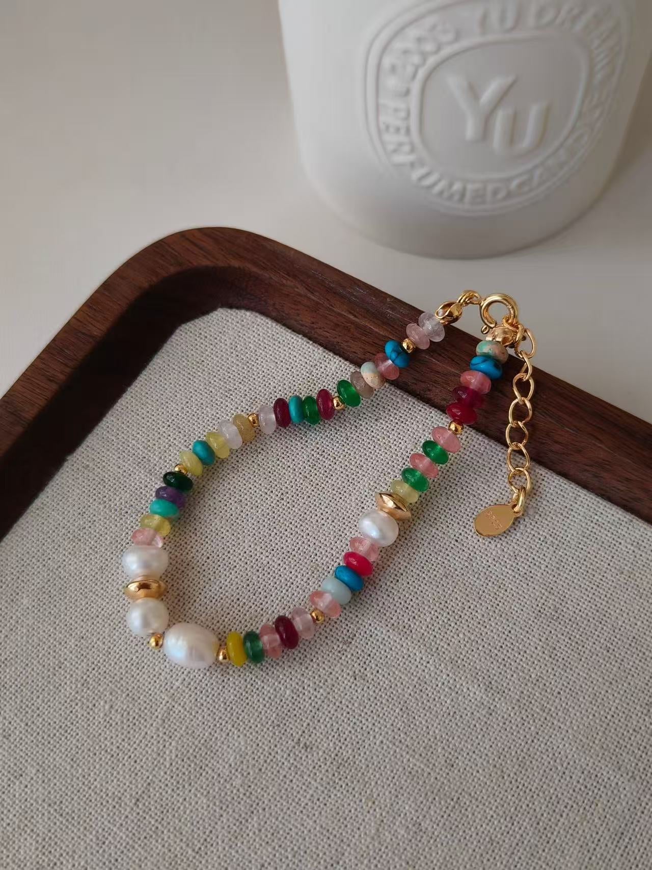 Rainbow Gem & Pearl Bracelet – 18K Gold Vermeil on Sterling Silver | Natural Freshwater Pearls
