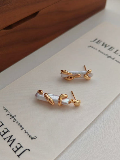 18K Gold-Plated S925 Sculptural Freshwater Pearl Earrings – Modern Irregular Design