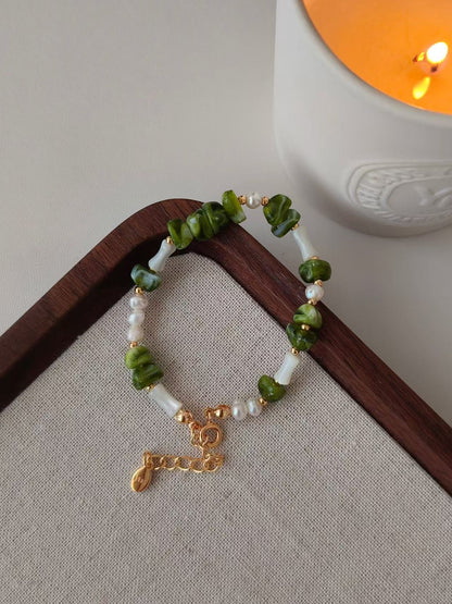 Green Resin & Pearl Bracelet – 925 Sterling Silver | Mother-of-Pearl & Freshwater Pearls