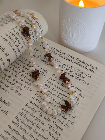 Amber & Pearl Beaded Necklace – 18K Gold Vermeil on Sterling Silver | Czech Glass & Freshwater Pearls