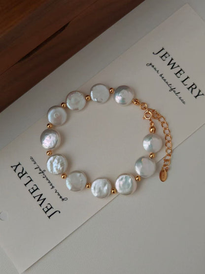 18K Gold-Plated S925 Freshwater Coin Pearl Bracelet – 17cm + 6cm Extender