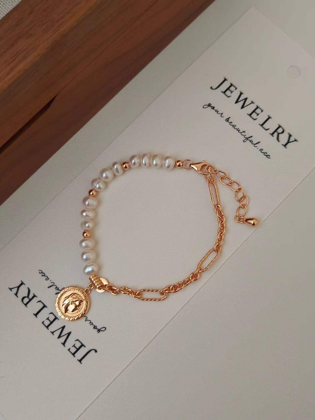 Vintage Coin & Pearl Bracelet – 18K Gold Vermeil on Sterling Silver | Freshwater Pearl Chain