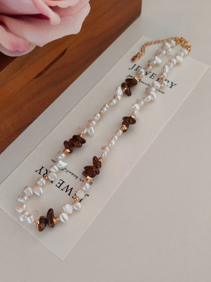 Amber & Pearl Beaded Necklace – 18K Gold Vermeil on Sterling Silver | Czech Glass & Freshwater Pearls