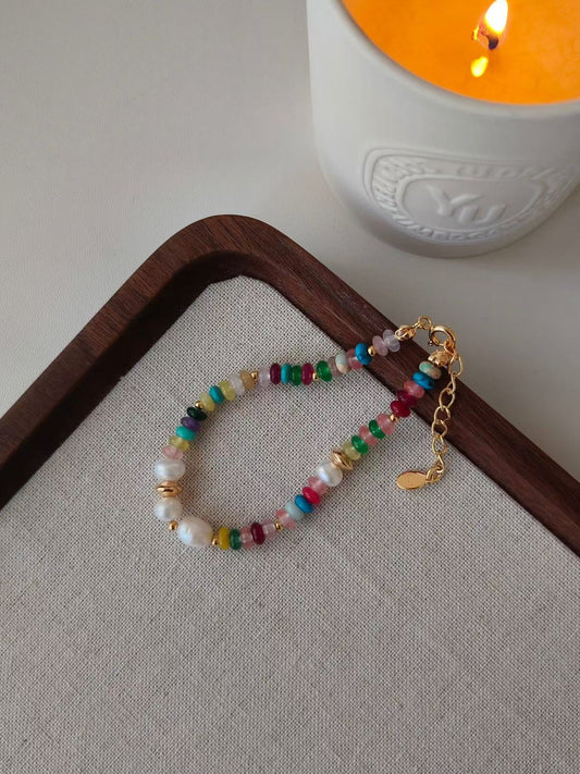 Rainbow Gem & Pearl Bracelet – 18K Gold Vermeil on Sterling Silver | Natural Freshwater Pearls