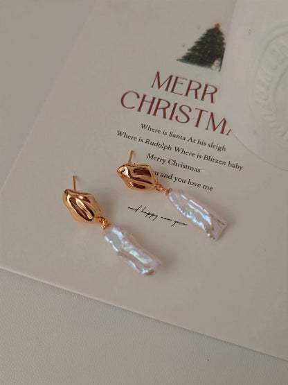 18K Gold-Plated S925 Baroque Pearl Drop Earrings – Sculptural Molten Design