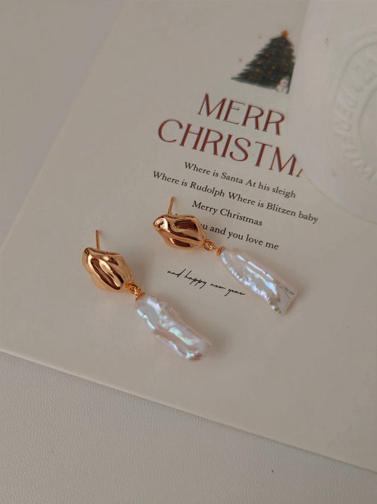 18K Gold-Plated S925 Baroque Pearl Drop Earrings – Sculptural Molten Design