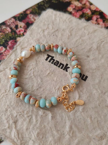 Blue Shoushan Stone & Pearl Bracelet – 18K Gold Vermeil on Sterling Silver | Natural Gemstone Jewelry