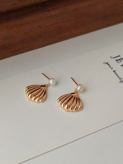 Shell Pearl Drop Earrings – 18K Gold Vermeil on Sterling Silver | Freshwater Pearl Studs