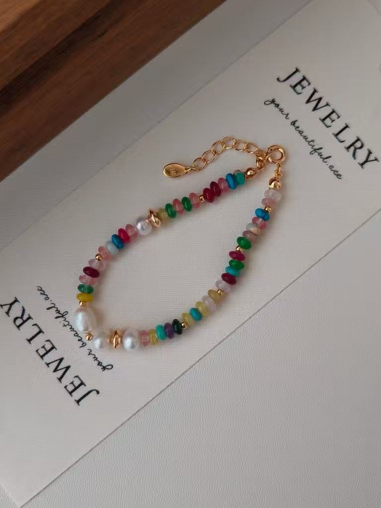 Rainbow Gem & Pearl Bracelet – 18K Gold Vermeil on Sterling Silver | Natural Freshwater Pearls