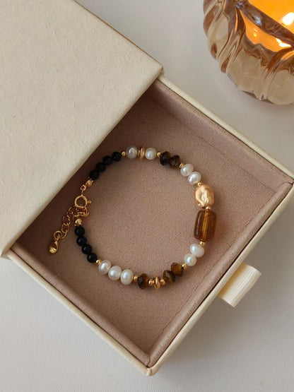 Tiger’s Eye & Pearl Bracelet – 18K Gold Vermeil on Sterling Silver | Natural Gemstone Jewelry