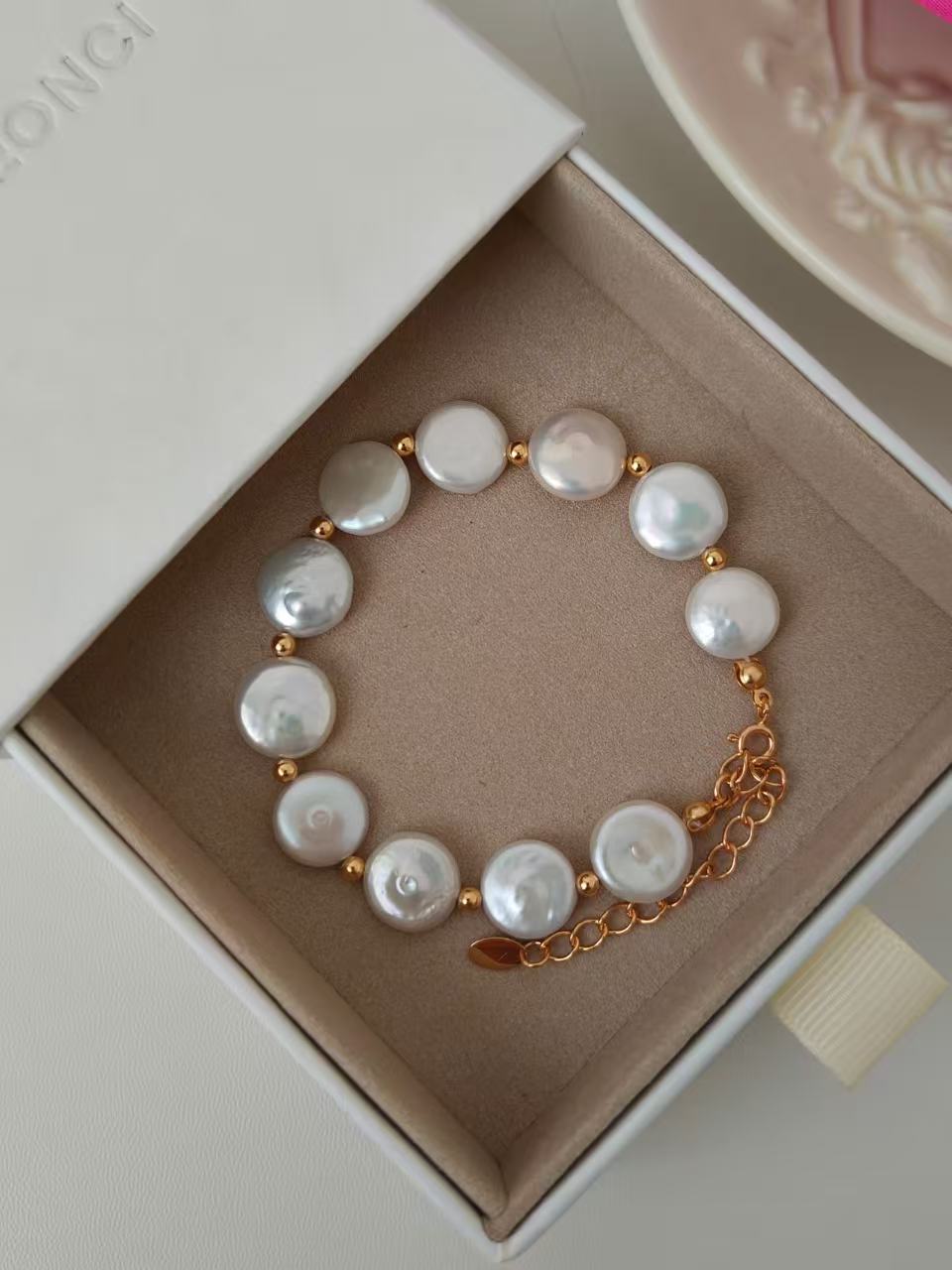 18K Gold-Plated S925 Freshwater Coin Pearl Bracelet – 17cm + 6cm Extender