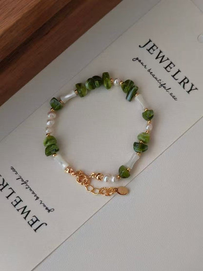 Green Resin & Pearl Bracelet – 925 Sterling Silver | Mother-of-Pearl & Freshwater Pearls