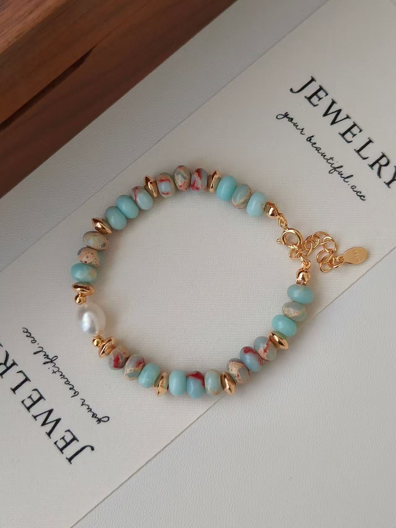 Blue Shoushan Stone & Pearl Bracelet – 18K Gold Vermeil on Sterling Silver | Natural Gemstone Jewelry