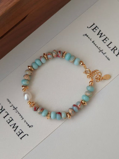 Blue Shoushan Stone & Pearl Bracelet – 18K Gold Vermeil on Sterling Silver | Natural Gemstone Jewelry
