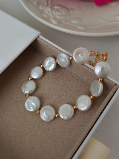 18K Gold-Plated S925 Freshwater Coin Pearl Bracelet – 17cm + 6cm Extender