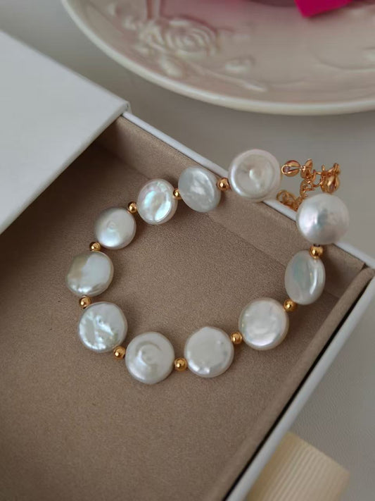 18K Gold-Plated S925 Freshwater Coin Pearl Bracelet – 17cm + 6cm Extender